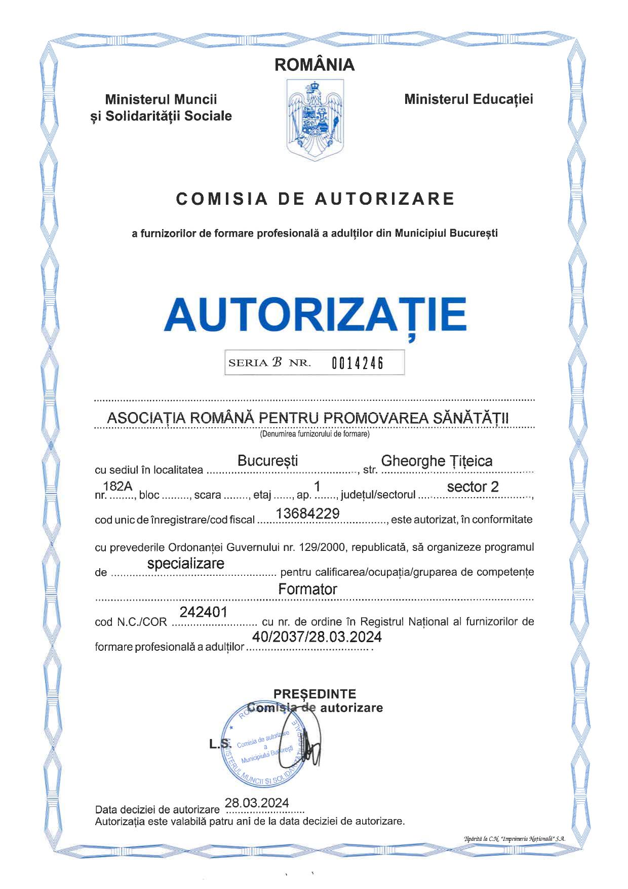 Preview Autorizație organizare curs formator