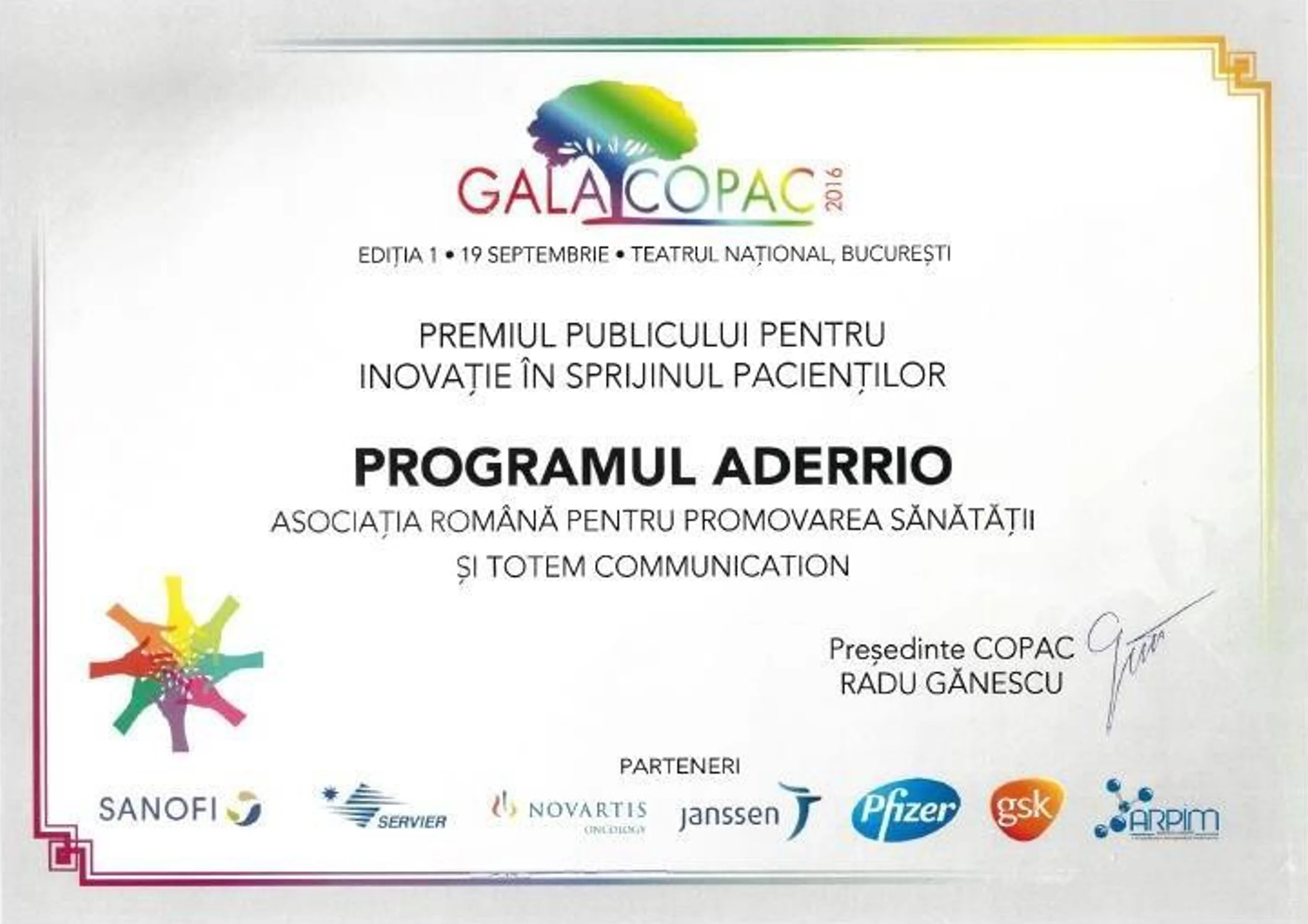 Premiul publicului pentru inovație în sprijinul pacienților, acordat Programului ADERRIO la Gala COPAC 2016, Teatrul Național București