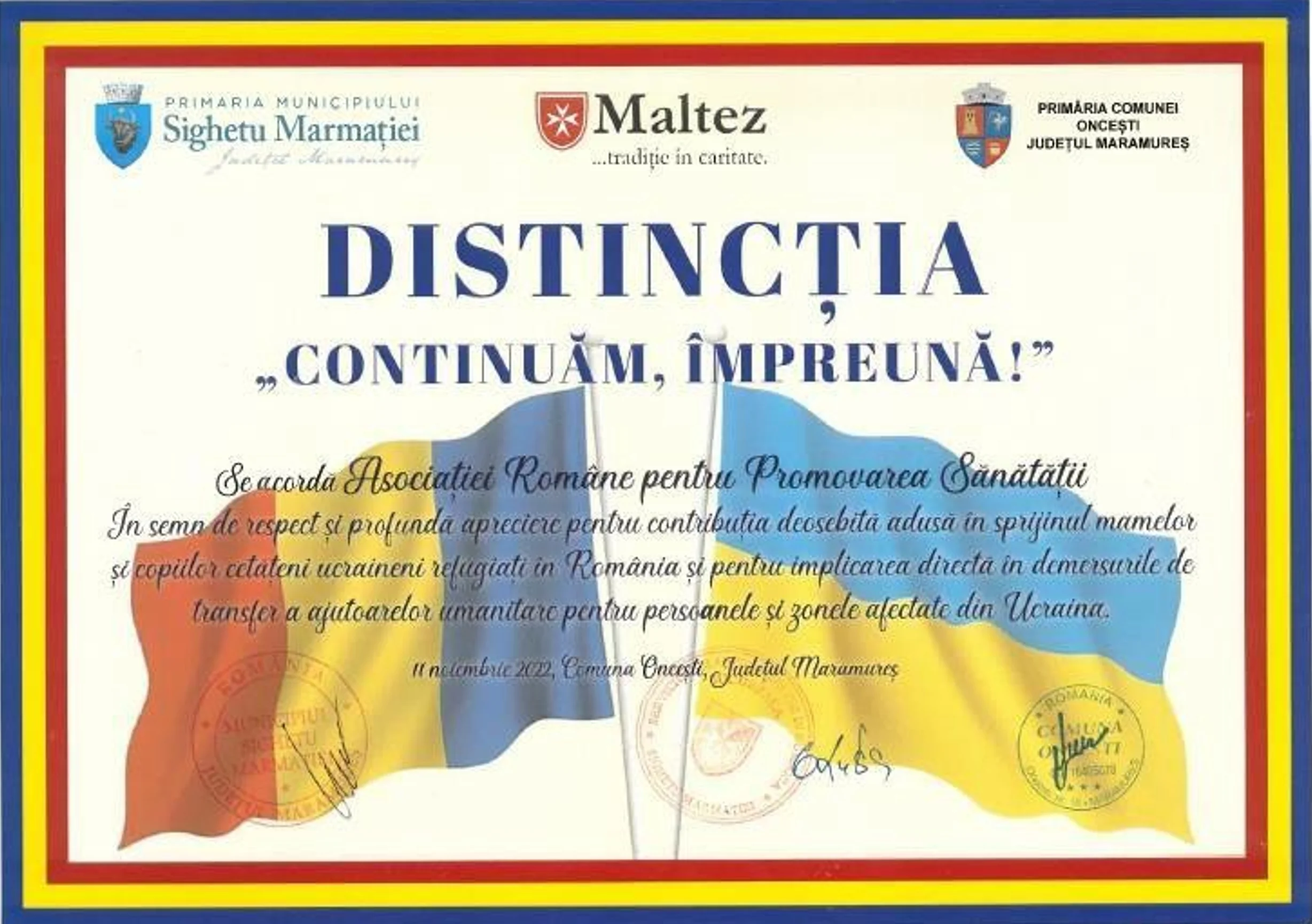 Distincția „Continuăm, împreună!”, acordată de Primăria Municipiului Sighetu Marmației, Primăria Comunei Oncești și Maltez, pentru sprijinul acordat mamelor și copiilor refugiați din Ucraina, 11 noiembrie 2022
