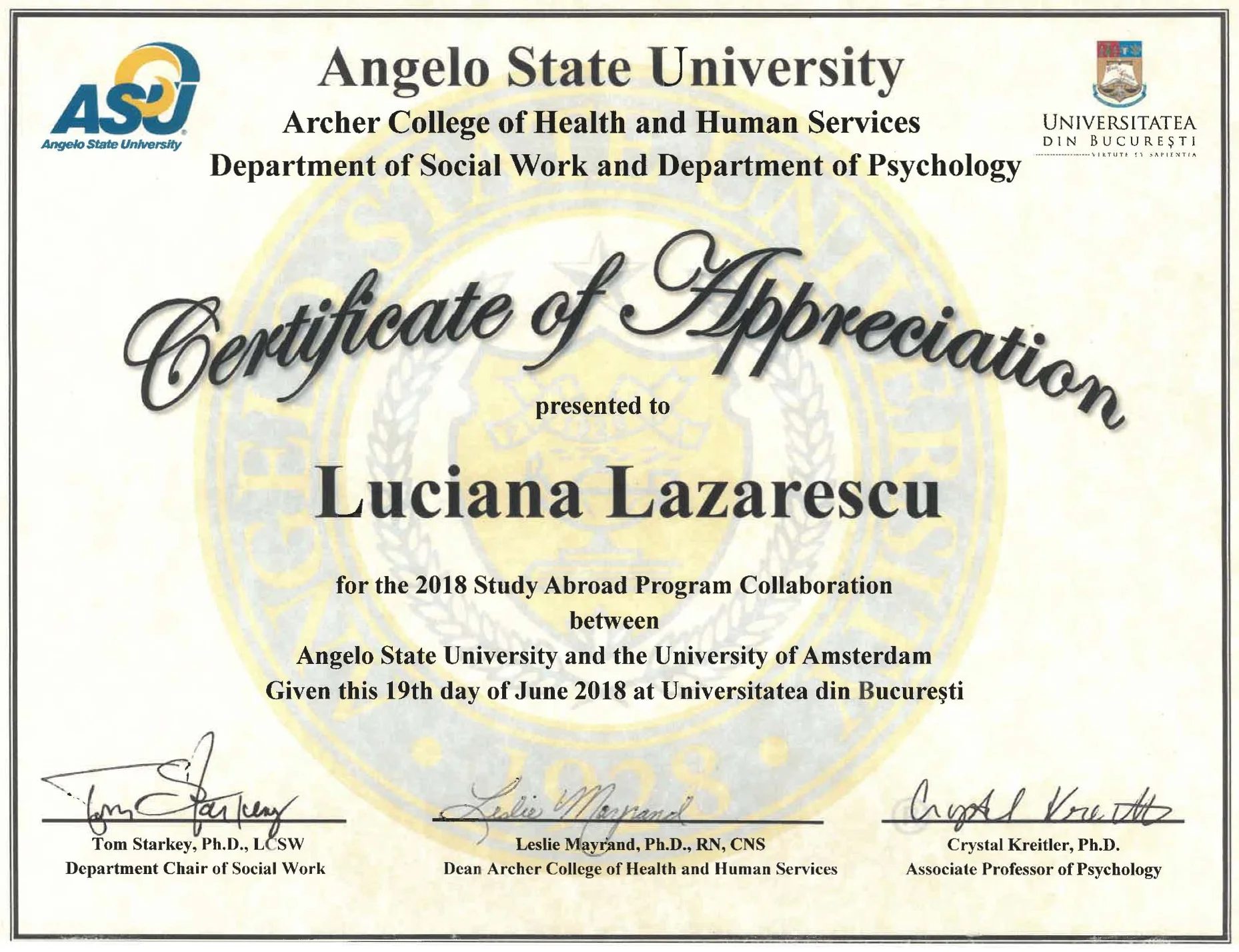 Certificate of Appreciation de la Angelo State University, Archer College of Health and Human Services, pentru colaborarea în programul Study Abroad 2018, înmânat la Universitatea din București