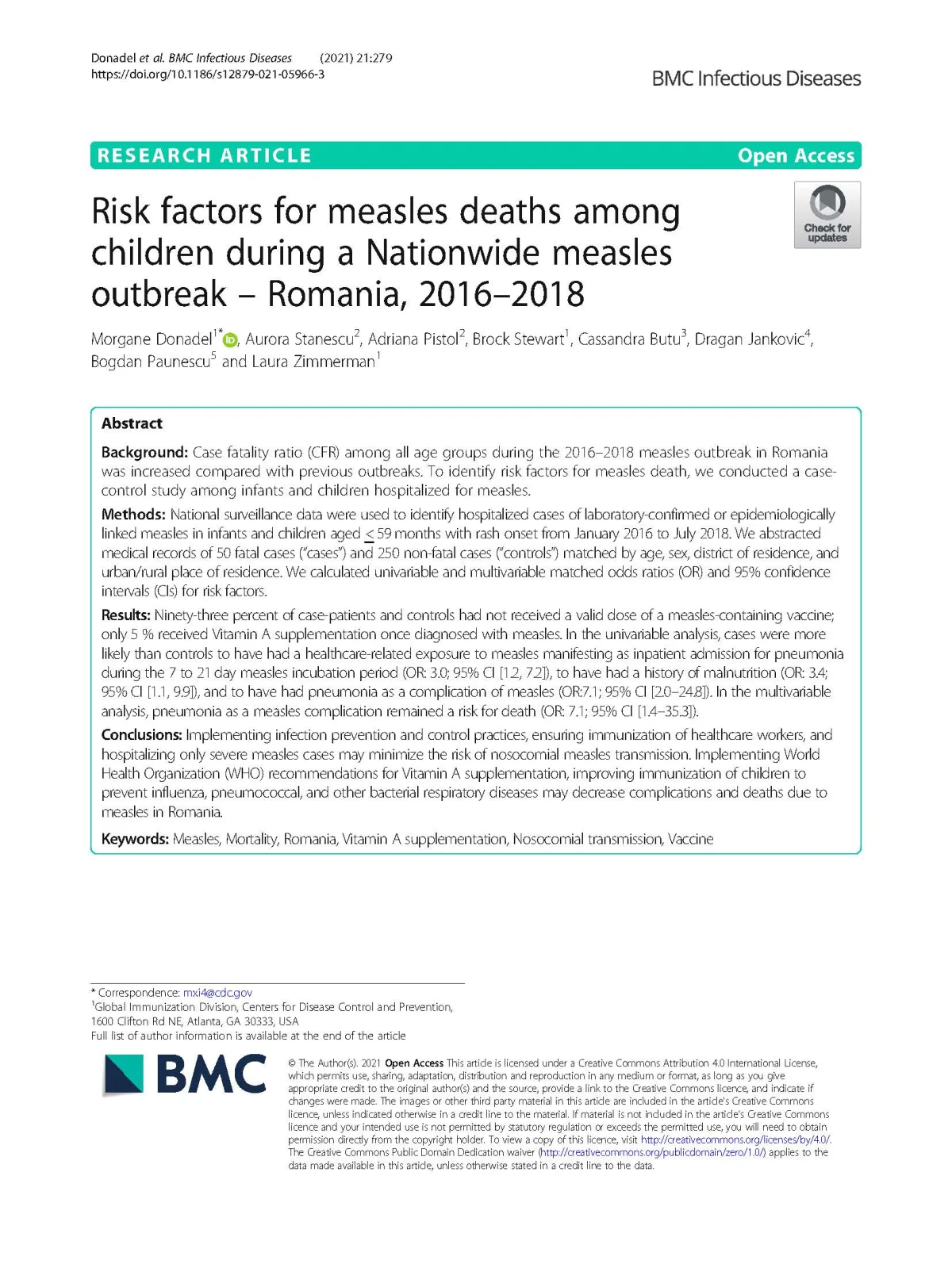 Factorii de risc pentru decesele prin rujeolă la copii în România, în timpul epidemiei naționale 2016 - 2018