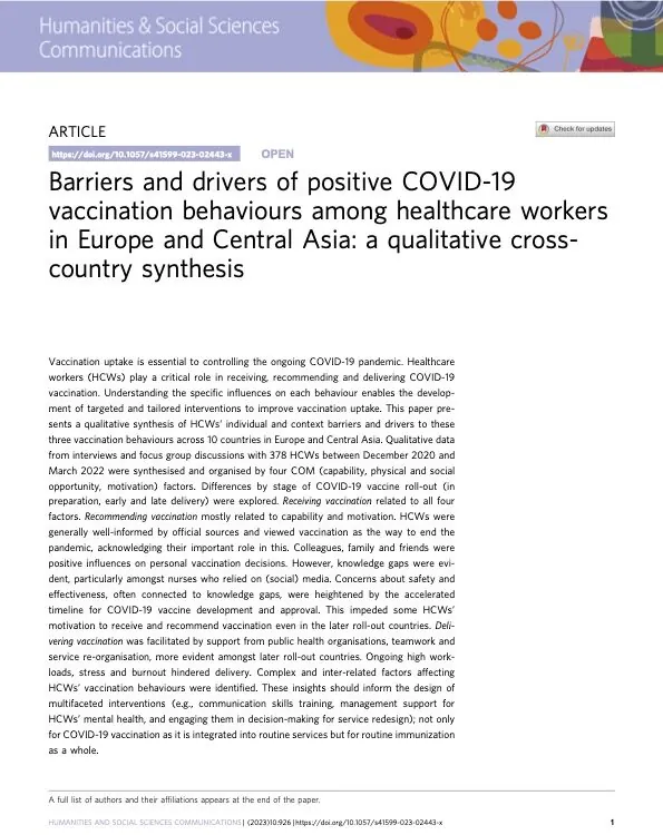 Bariere și factori determinanți ai comportamentelor favorabile vaccinării cu COVID-19 în rândul lucrătorilor din domeniul sănătății din Europa și Asia Centrală
